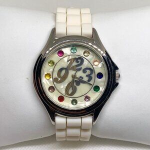 Women’s quartz analog watch 39mm silver tone colorful dial crystals running